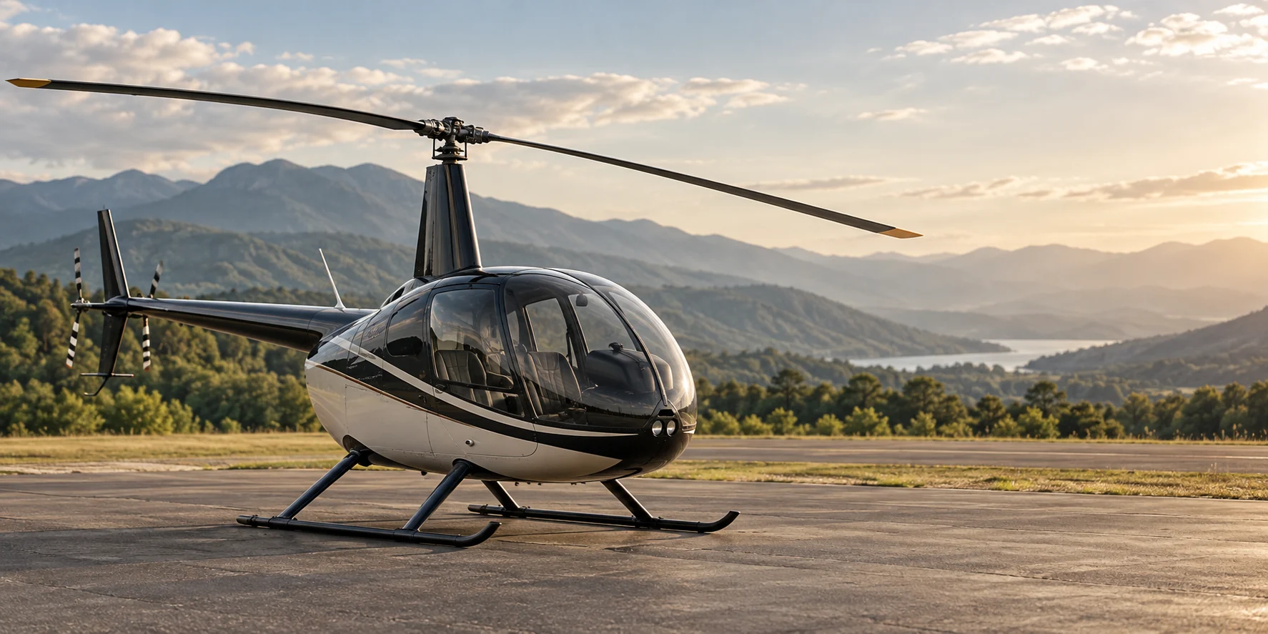 Illustrative helicopter training scene on a sunlit airfield with mountains in the distance